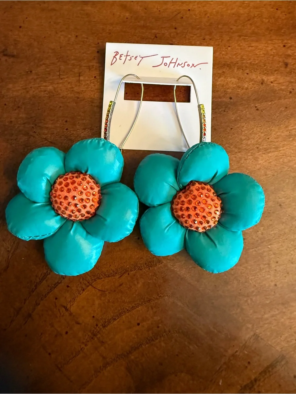 Betsey Johnson Turquoise Flower Hoop Earrings with Orange Centers